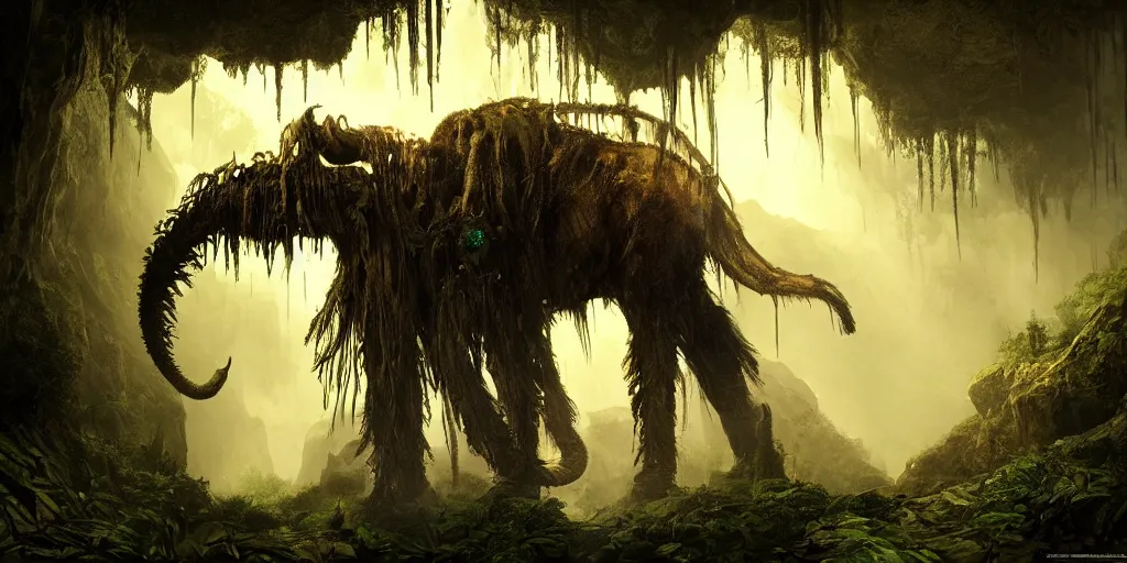 Image similar to magnificent mechanical steampunk mammoth looking eerily into a cave entrance with lush vegetation and mystical (((glowing algae))) in the sunset, desaturated, creepy ambiance, dangerous, sharp focus, highly detailed, artgerm