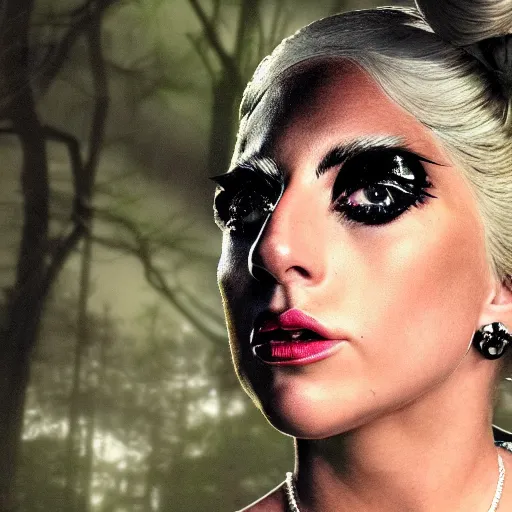 Image similar to lady gaga as a cop in a spooky forest, ufo overhead, alien, realistic, 8k resolution, hyperdetailed, highly detailed, real life, studio lighting, high quality