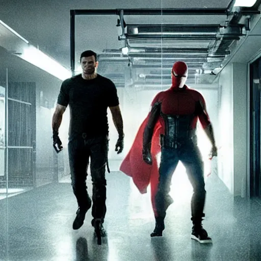 Image similar to a 4 k cinematic still portrait of the punisher and daredevil breaking into the office from a gritty cyberpunk 2 0 0 0 s james cameron movie about spider - man. realism, cinematic lighting, 4 k. 8 mm. grainy. panavision.