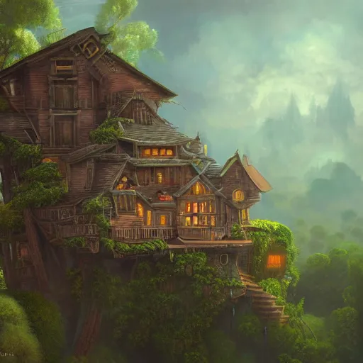 Prompt: a house with huge mechanical legs, Baba Yaga, cinematic angle, studio Ghibli and Thomas Cole, volumetric lighting, steampunk, housepunk,, bold, beautiful composition, intricate, elegant, digital art, detailed oil painting, hyperrealistic, sharp focus, 8k