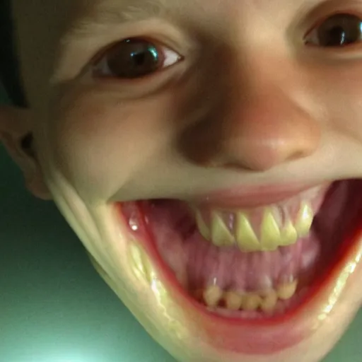 Image similar to unknown creature grinning, showing off sharp and long unorganized teeth, only visible from the light of a flashlight