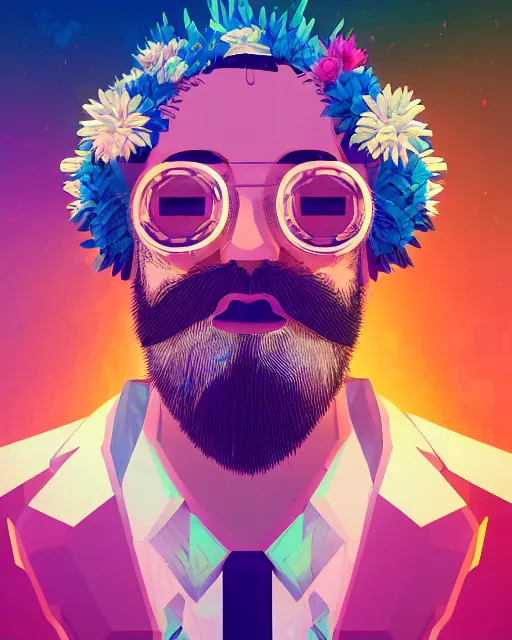 Image similar to a digital painting of a man with flowers in his beard, cyberpunk art by beeple, behance contest winner, retrofuturism, voxel art, # pixelart, dystopian art