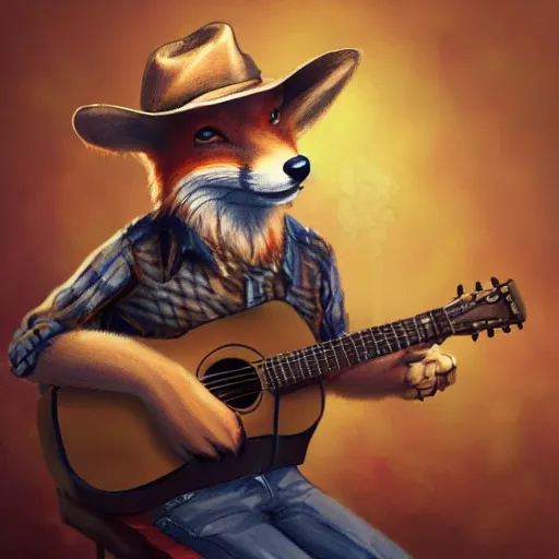 Image similar to a fox animal, wearing cowboy hat, wearing plaid shirt, playing guitar, in barn, album cover style, artstation