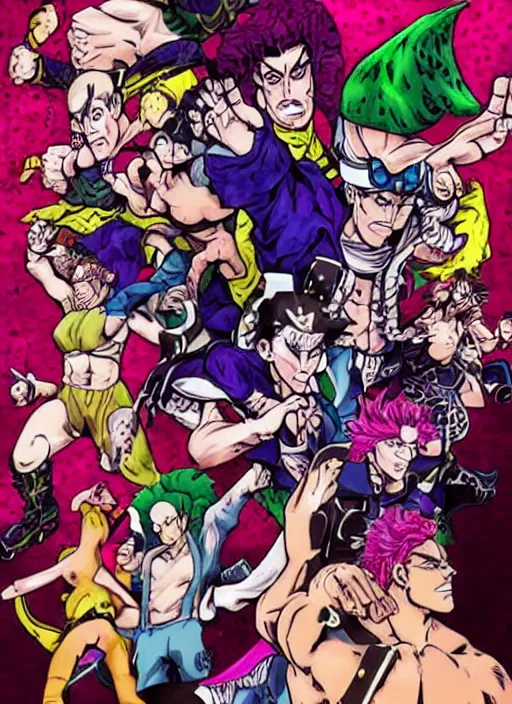 Image similar to jojo stand power based on demoscene chiptune webcore, art by hirohiko araki