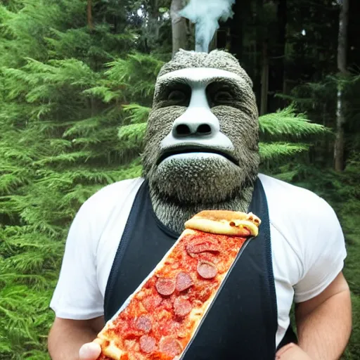 Prompt: bigfoot smoking weed while eating a pizza