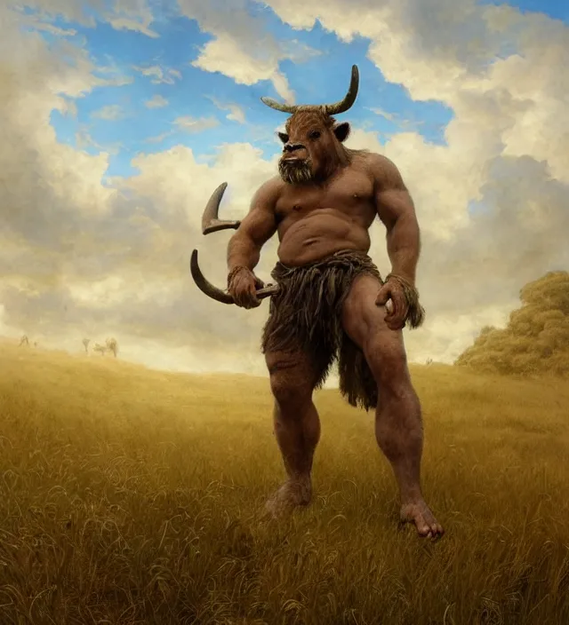 Prompt: portrait of a humble minotaur peasant in a field, other beast men in the distance. ancient times, cinematic atmospheric lighting, matte, atmospheric, profound, painted by rebecca guay, intricate, fine details by dave dorman, vibrant colours by anato finnstar. k well composed, best on artstation, cgsociety, epic, stunning, gorgeous, wow, masterpiece