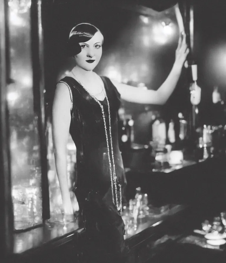 Image similar to shot of a 1 9 2 0 s short - haired flapper woman in black satin gloves looking at the camera, at a party in a dimly lit speakeasy bar, jazz age, precise, wide shot, cohesive, art deco, cinematic, low - lighting, photography