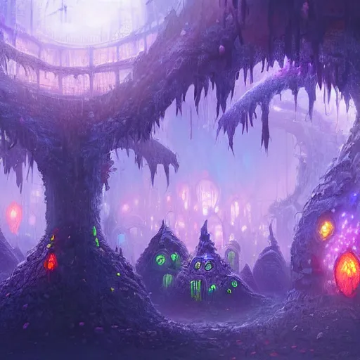 Prompt: concept art detailed painting of a dark purple fantasy fairytale fungal town made of mushrooms, with glowing blue lights, in the style of jordan grimmer and neil blevins and wayne barlowe