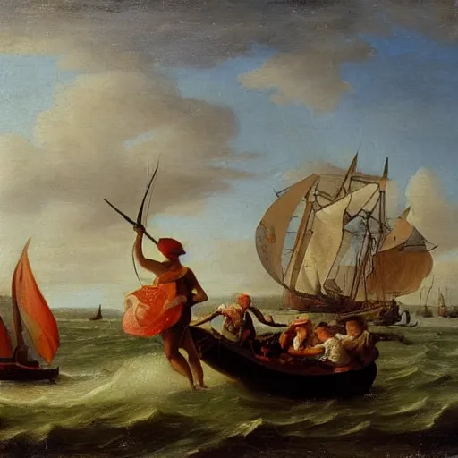 Image similar to a fisherman harpoons a mermaid, dutch golden age oil painting masterpiece