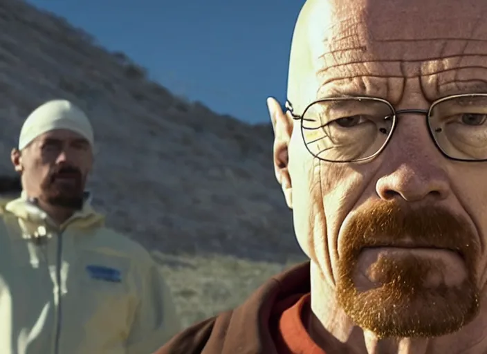 Prompt: Crewmate from Among Us (2016) with Walter White, movie screenshot, detailed, realistic, clean composition