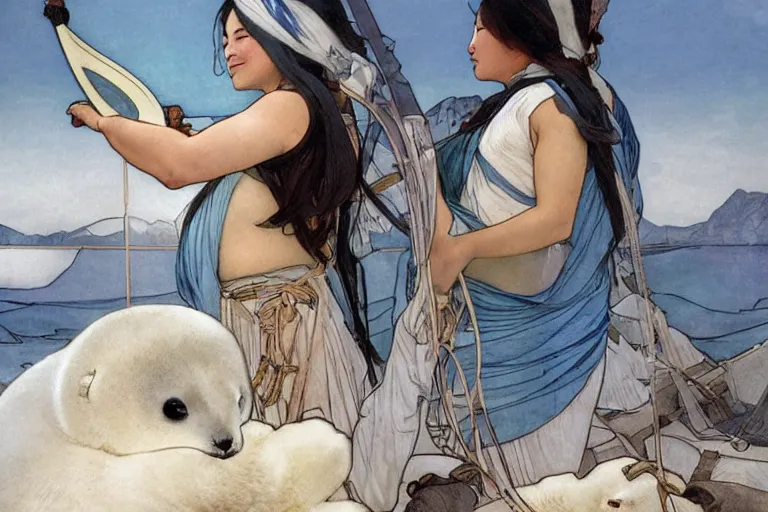 Image similar to a Inuit hauling a baby harp seal in a net, gray and blue and white colors, water color, art by artgerm and greg rutkowski and alphonse mucha and jin xiaodi and anthony devine