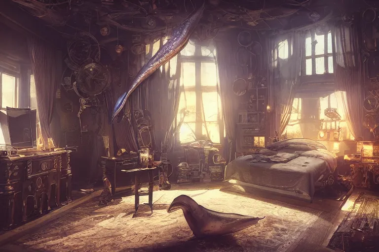 Image similar to interior of a steampunk bedroom, 3d scene, render, ultra realistic, zenith view, Greg Rutkowski, artstation, cgsociety, level design, unreal engine alien whale flying over a steampunk city, 3d scene, render, ultra realistic, zenith view, Enki Bilal style