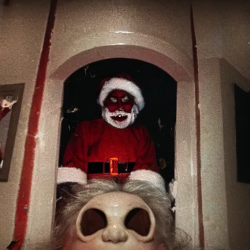 Prompt: A demented warped evil-looking Santa Claus grinning at the camera, emerging upside down the inside of a chimney into a family living room on Christmas night, security cam footage, blurry photo, fisheye lens, dark, night cam, hyperrealistic