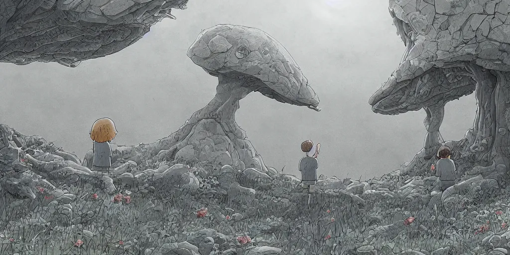Image similar to highly detailed cell - shaded cartoon landscape with two boys looking at a miniature alien creature 1 9 7 0 s science fiction, moody, misty, depth perception, 4 k, artstation, in the style of studio ghibli