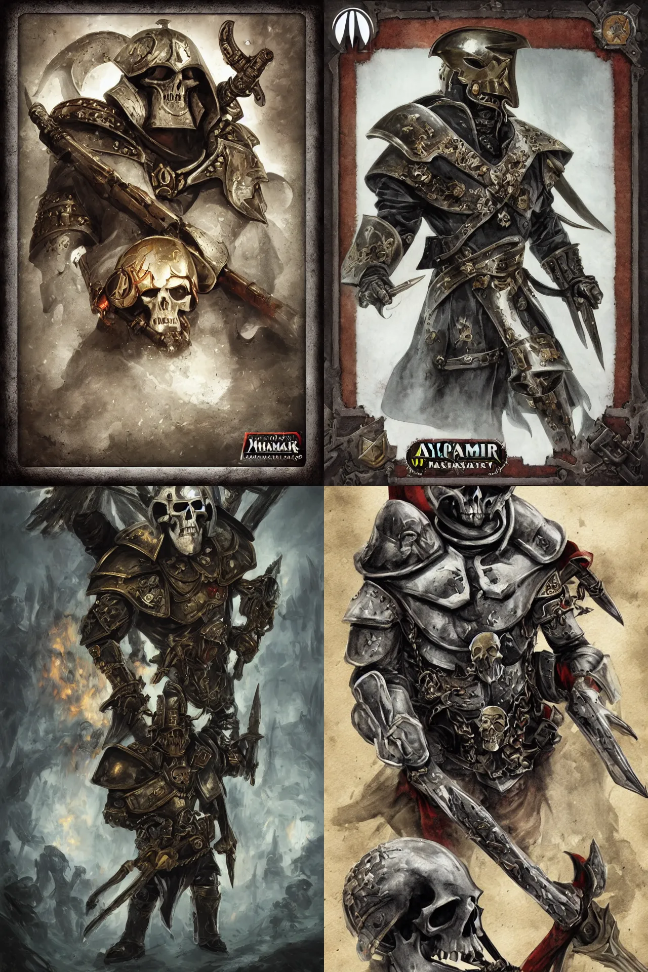 Prompt: portrait of warhammer inquisitor, skulls, imperial, miltary, helmet, magic the gathering card