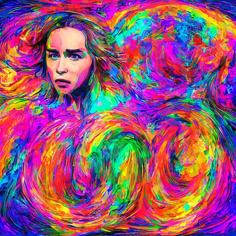 Prompt: Emilia Clarke, beautiful digital art, trippy rainbow art