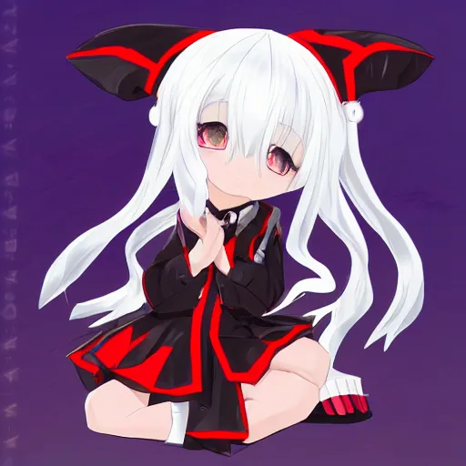 Image similar to vtuber white hair, red eyes, two little horn on the head, chibi