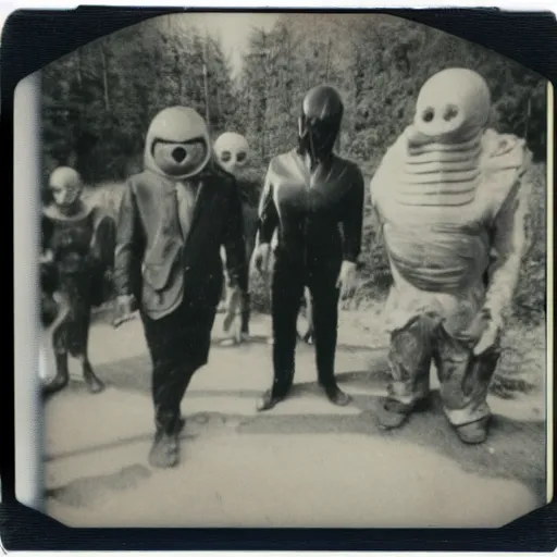 Image similar to really old polaroid photograph of horrorific extraterrestrial beings visiting earth,