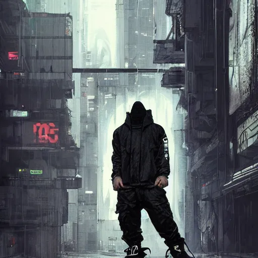 Image similar to A man wearing Acronym J36-S pants and Acronym P30A-DS and black Nike Air Force 1 sneakers, high quality, digital art, dirty cyberpunk city, greg rutkowski