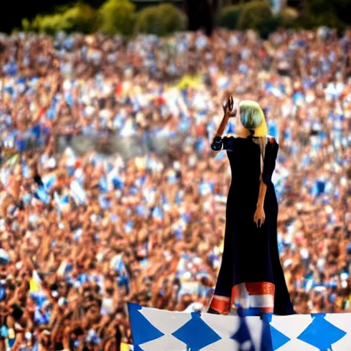 Image similar to Lady Gaga as president, Argentina presidential rally, Argentine flags behind, bokeh, giving a speech, detailed face, Argentina