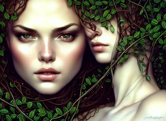 Image similar to highly detailed beautiful woman wrapped up in vines, illustration, full body realistic eyes, artstation, cinematic lighting, hyperdetailed, detailed realistic symmetrical eyes, cgsociety, 8k, high resolution, Charlie Bowater, Tom Bagshaw, Norman Rockwell, insanely detailed and intricate, clean white background