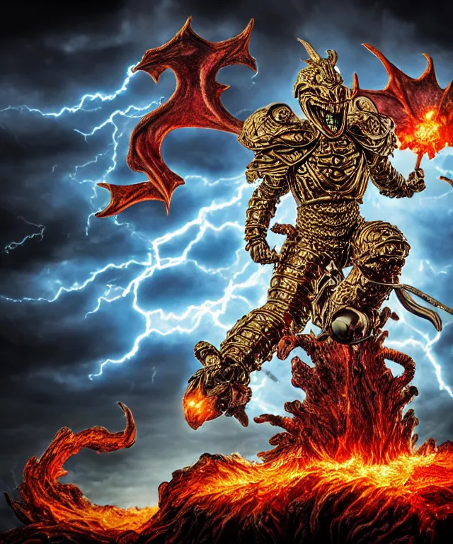 Image similar to hyperrealistic rendering, epic boss battle, ornate supreme demon overlord, jewel crown, battle armor, by art of skinner and richard corben and jeff easley, product photography, action figure, sofubi, storm clouds, outside, lightning