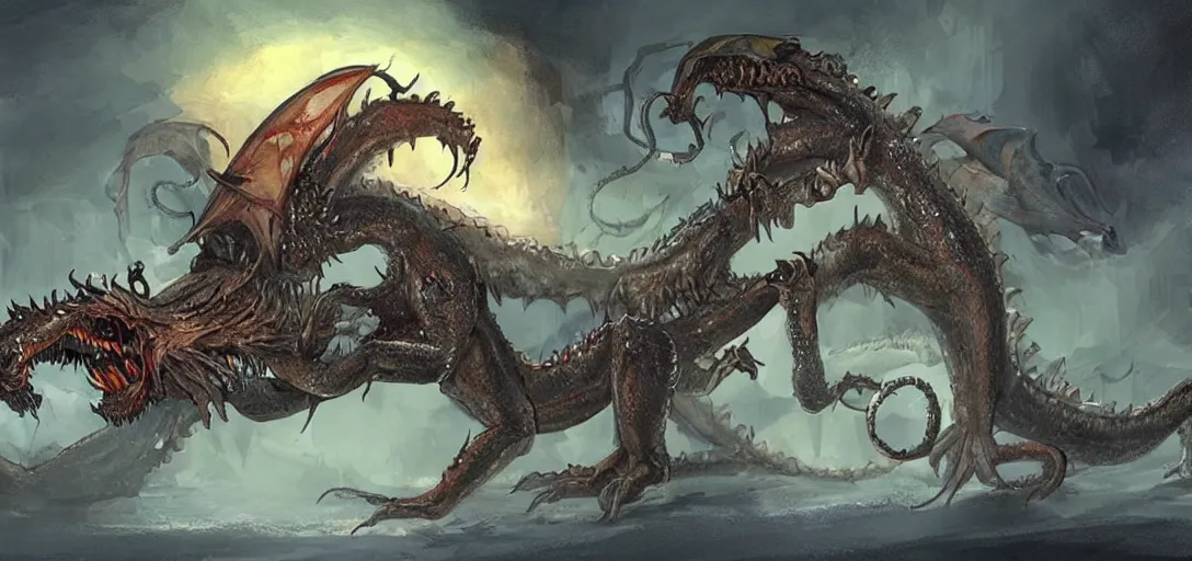 Image similar to concept art of dragon attack, lovecraftian, lots of teeth, melting horror, feathers, fighting the horrors of the unknown with laser guns