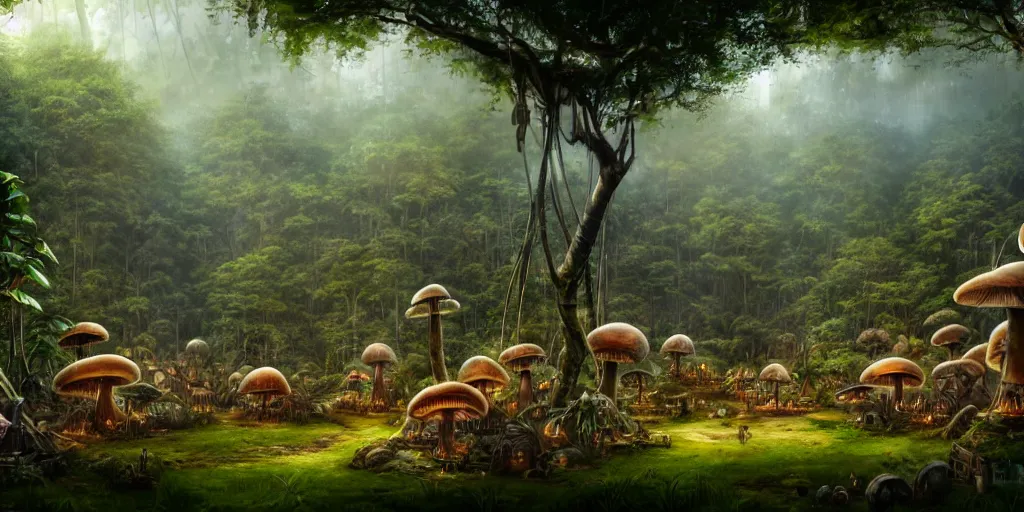 Prompt: a clearing in the jungle reveals a chrome village full of merchant tents and mushroom huts, matte oil painting, science fantasy, retrofuturistic, biblical, rpg, queer, pride, epic, extremely detailed, sharp focus, 4 k