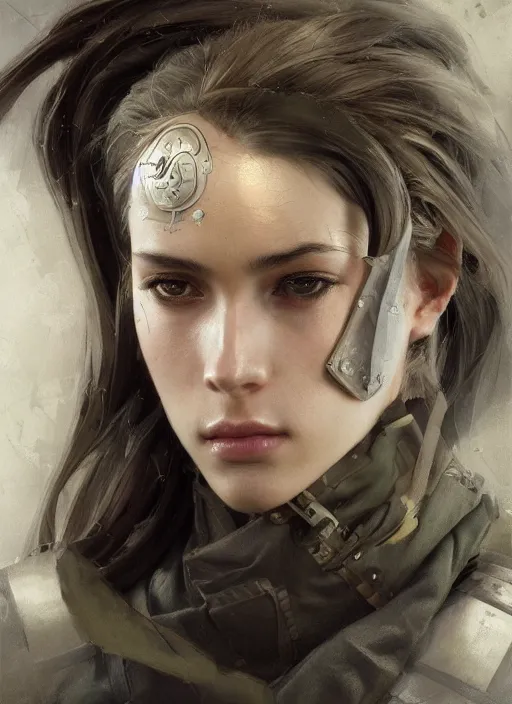 Image similar to a professional painting of a beautiful young female, clothed in military armor, olive skin, long dark hair, beautiful bone structure, symmetrical facial features, intricate, elegant, digital painting, concept art, smooth, sharp focus, illustration, from Metal Gear, by Ruan Jia and Mandy Jurgens and Artgerm and William-Adolphe Bouguerea