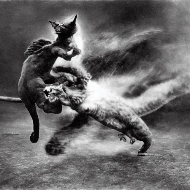 Prompt: silver gelatin photograph of a cat attacking a dragon, london 1 9 1 2