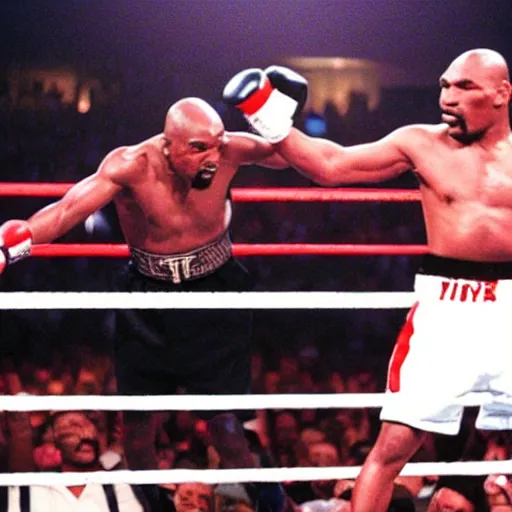 Prompt: tupac fighting mike tyson in the ring