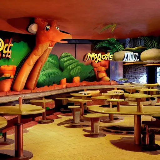 Prompt: prehistoric mcdonalds restaurant