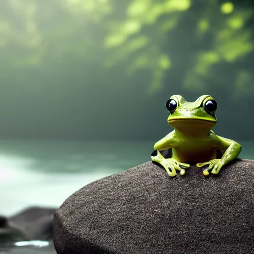 Prompt: a cute little frog sitting on a rock in the middle of a forest lake, isometric minimalist 3d render, unreal engine 5