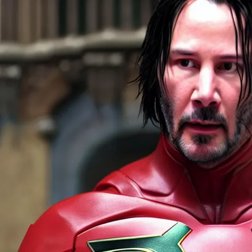 Image similar to Keanu reeves as robin from Batman 4K detailed super realistic