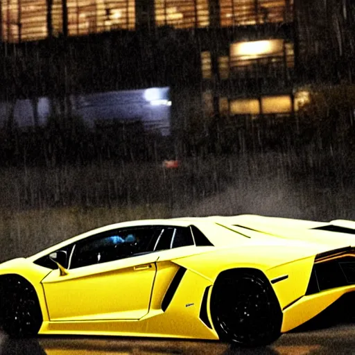 Image similar to Walter White driving a Lamborghini Aventador in the rain at night in the city