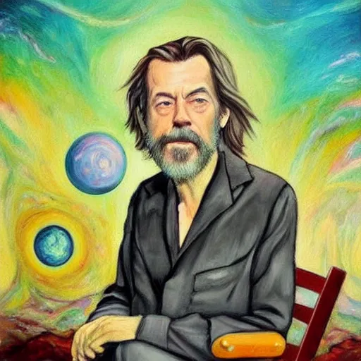 Image similar to alan watts on lsd, oil painting, space, planets, smoke, dreamy