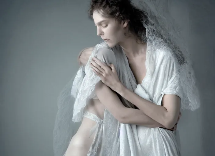 Image similar to jesus hugging a woman, spirit hugs, in style of paolo roversi, britt marling style 3 / 4, a beautiful ethereal lace white robe, close - up, 8 k, soft focus, soft light, volumetric lighting, highly detailed realistic, refined, highly detailed, natural outdoor soft pastel lighting colors scheme