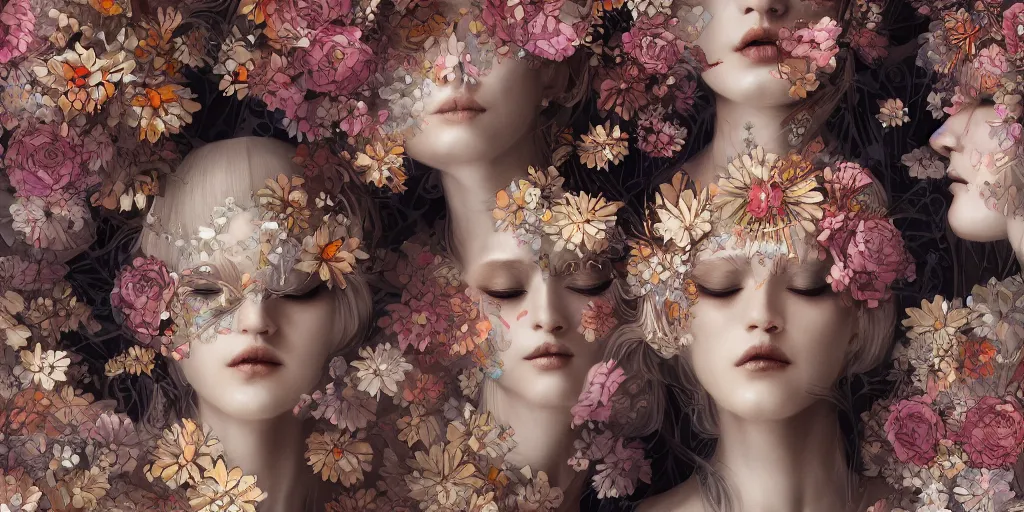 Image similar to breathtaking detailed concept art painting kaleidoscope art deco pattern of blonde faces goddesses amalmation flowers, by hsiao - ron cheng, bizarre compositions, exquisite detail, extremely moody lighting, 8 k