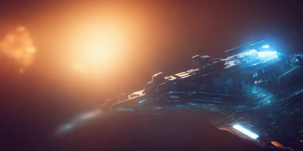 Image similar to space ship battle cruiser, shallow depth of field, moody lighting, single point of light, 8 k, ultra realistic, octane render,
