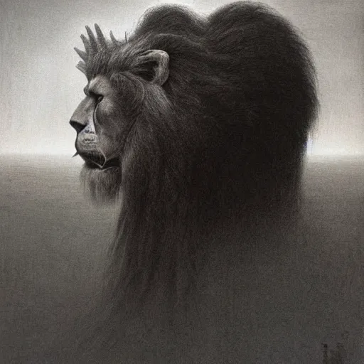 Image similar to the man with the beak of an eagle, the mane of a lion, the horns of a bull. drawn by zdzislaw beksinski