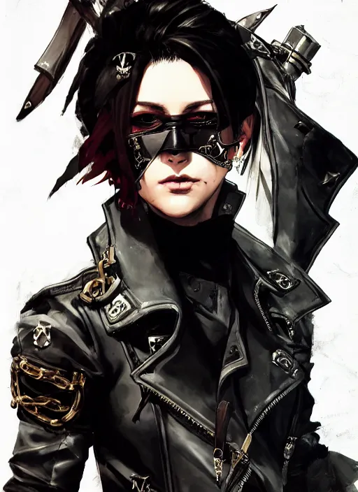 Image similar to Half body portrait of young woman with short hair, eyepatch and ornate leather jacket, pirate attire. In style of Yoji Shinkawa and Hyung-tae Kim, trending on ArtStation, dark fantasy, great composition, concept art, highly detailed, dynamic pose.