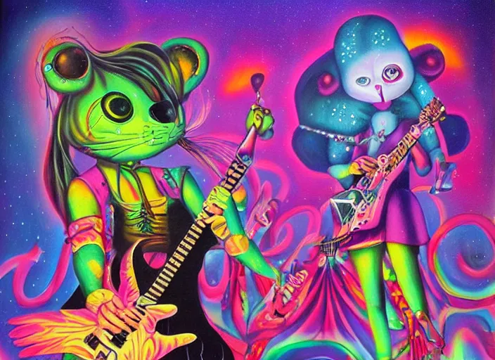 Image similar to a metal band holds a concert in the shadow dimension, an ultrafine detailed painting by lisa frank, trending on deviantart, pop surrealism, whimsical, lowbrow, colorful