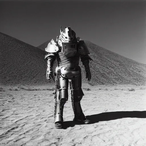 Prompt: photograph of a man in a very oversized mech armor that is 3 0 feet tall and 1 0 feet wide. his head is very small sticking out of the armor. desert setting. high detail.