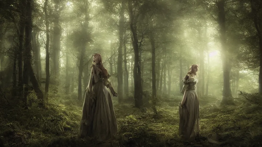 Image similar to eleanor tomlinson in the dark forest. andreas achenbach, artgerm, mikko lagerstedt, zack snyder, tokujin yoshioka