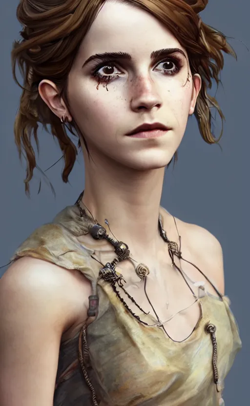 Image similar to steampunk biopunk portrait of emma watson, au naturel, hyper detailed, digital art, trending in artstation, cinematic lighting, studio quality, smooth render, unreal engine 5 rendered, octane rendered, art style by klimt and nixeu and ian sprigger and wlop and krenz cushart.