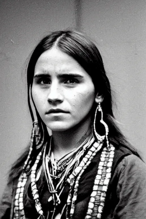 Image similar to “Photo of Native American indian woman Emma Watson, portrait, skilled warrior of the Chiricahua Apache, Lozen was the sister of Victorio a prominent Chief, showing pain and sadness on her face, ancient, realistic, detailed, emma watson”