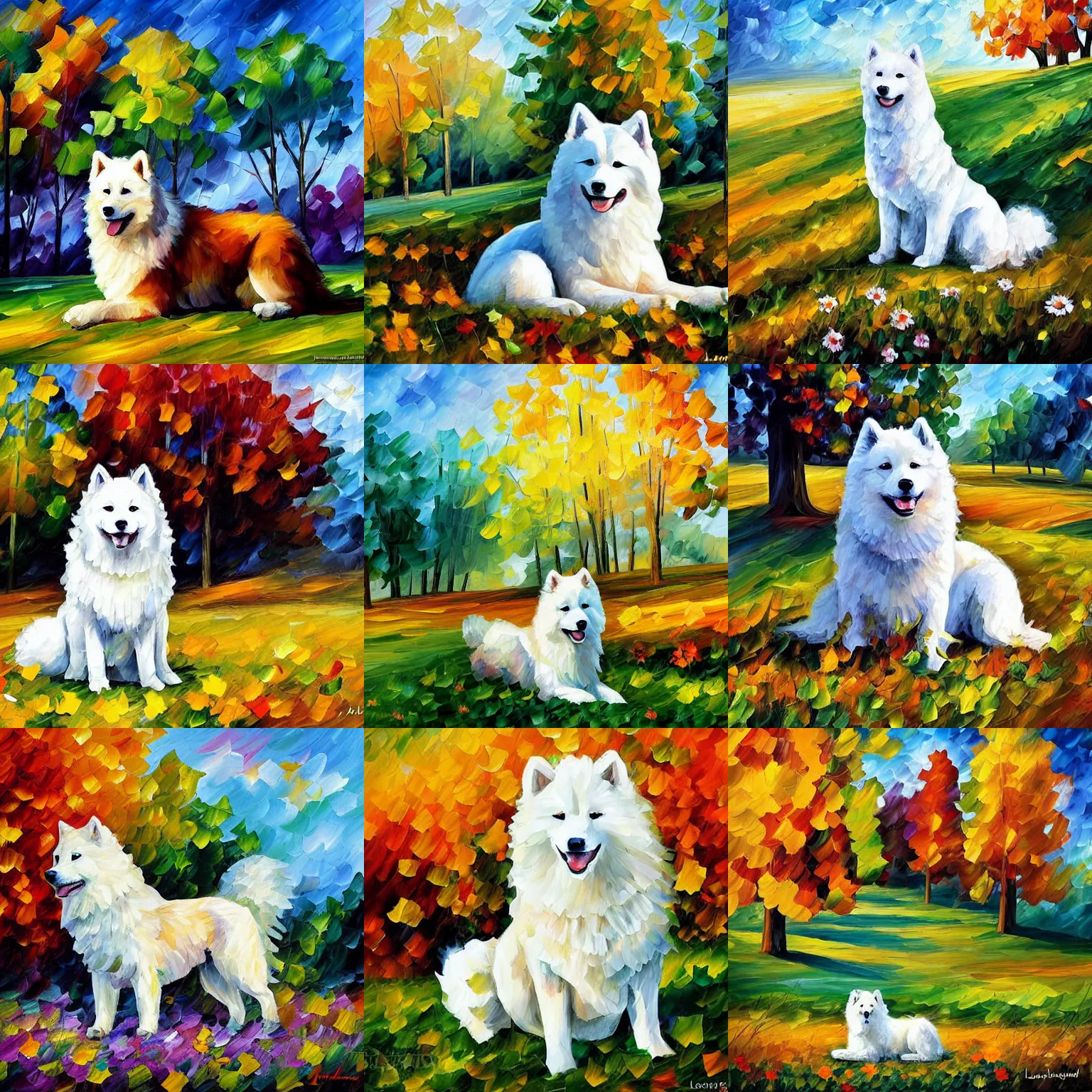 Prompt: a samoyed dog sitting in the middle of sunny meadow, by leonid afremov