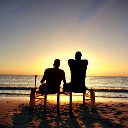 Prompt: lebron james and kobe bryant at the beach, golden hour, majestic painting, couple sitting facing the sunset, holding hands, 2 3, 2 5