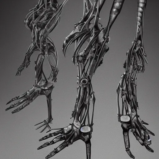 Prompt: a field of biomechanical arms and legs growing out of the stone ground, backlit, concept art