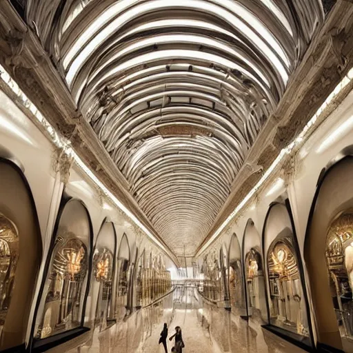 Prompt: giant Mars art center designed by Zaha Hadid with baroque elements. Ultra futuristic design that combines ornate baroque with clean organic forms.. Beautiful, enormous space with epic details